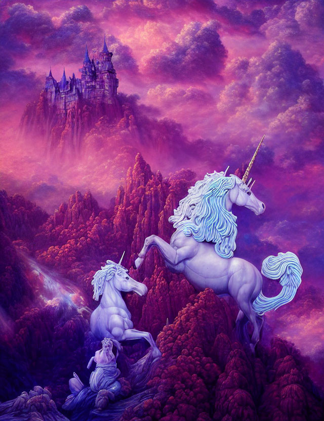 Fantasy scene: Two unicorns in purple landscape with distant castle