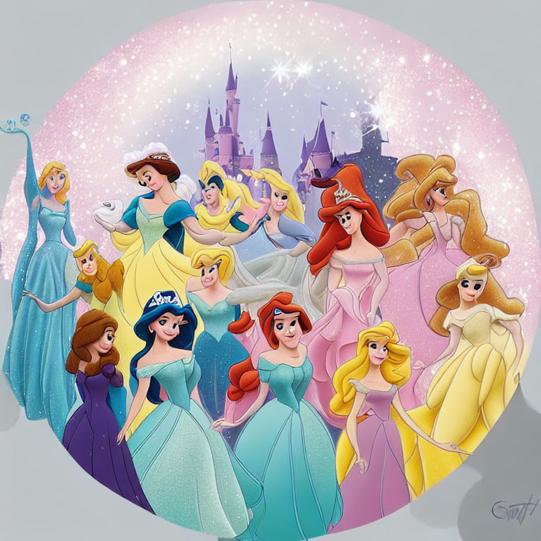 Group of Disney princesses with castle backdrop and colorful dresses