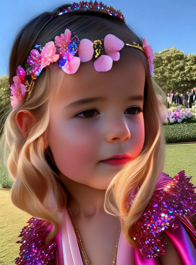 Young girl in floral headband and pink sequined dress at outdoor event