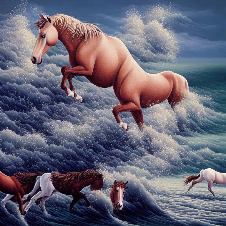 Surreal painting of horses merging with ocean waves under stormy sky