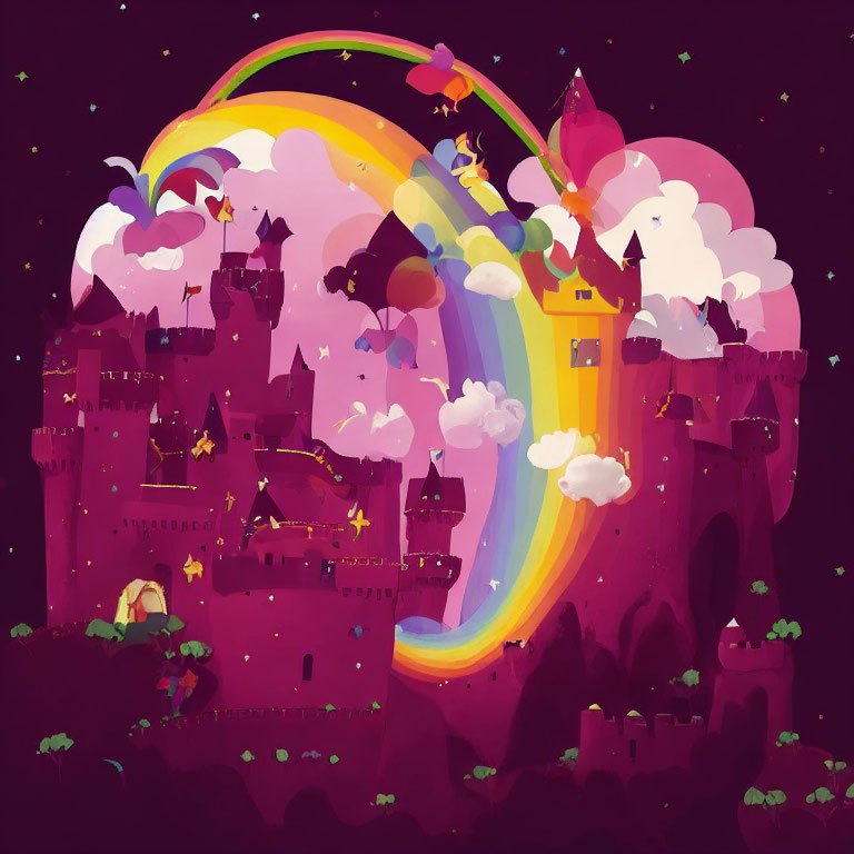 Fantasy castle with rainbow, stars, characters, and colorful flora in night sky