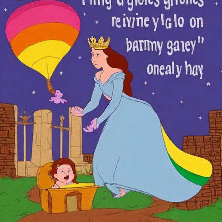 Cartoon princess in blue dress magically lifts baby in floating crib with pink bird, against nighttime castle backdrop