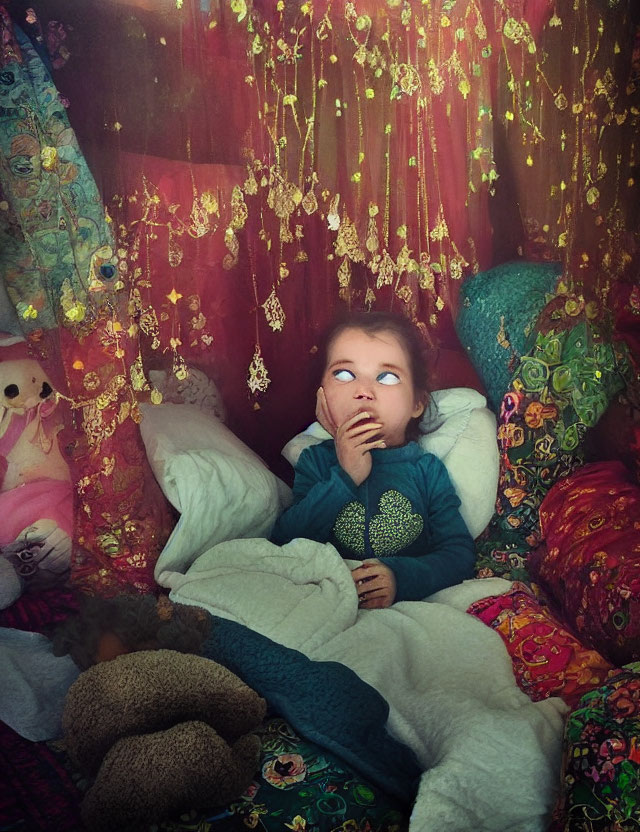 Child in Cozy Blanket Fort Surrounded by Colorful Pillows and Fairy Lights