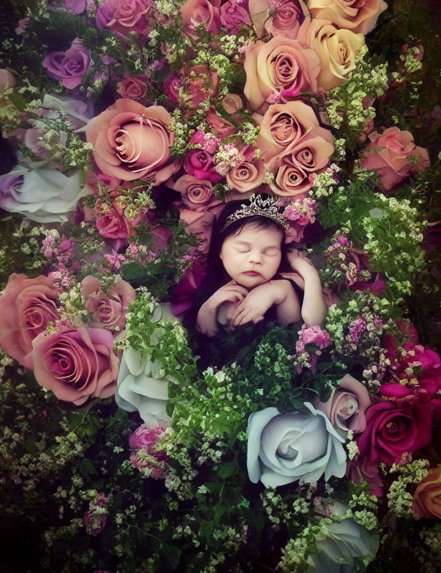 Newborn Sleeping with Crown Among Pink, Cream, and Lilac Roses