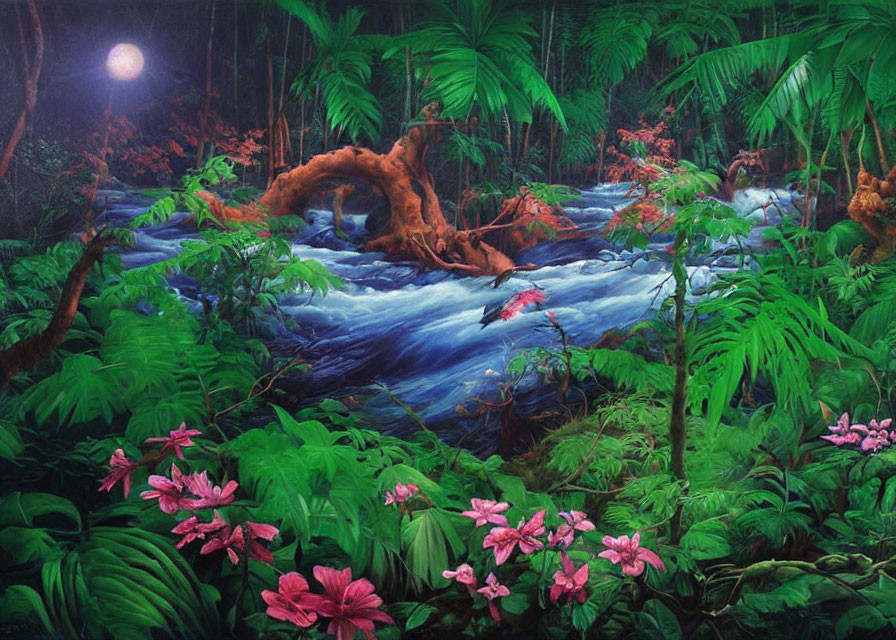 Moonlit Stream Flowing Through Dense Tropical Forest with Pink Flowers