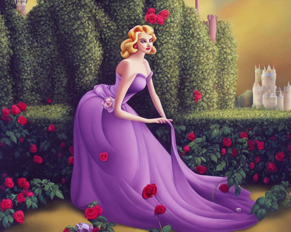 Illustrated woman in purple dress by rose bush and castle.