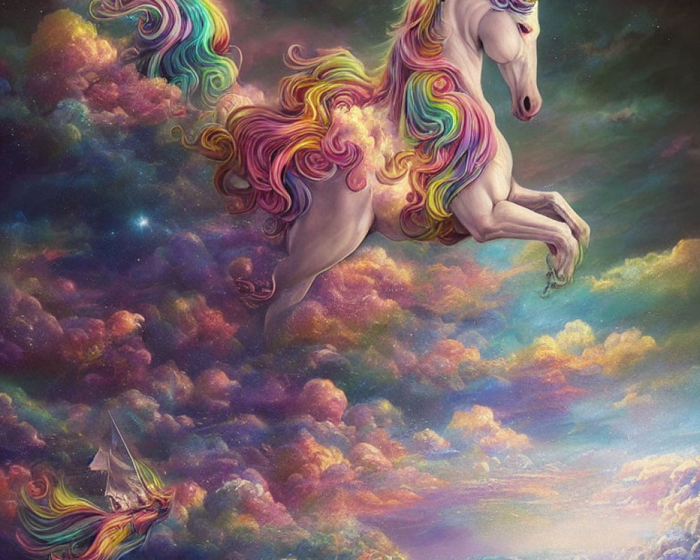 Majestic unicorn with golden horn and rainbow mane in dreamy sky