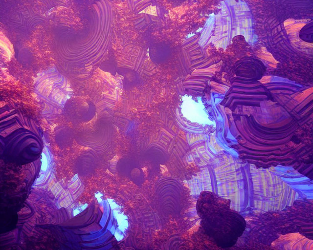 Psychedelic fractal landscape with swirling blue, purple, and brown patterns