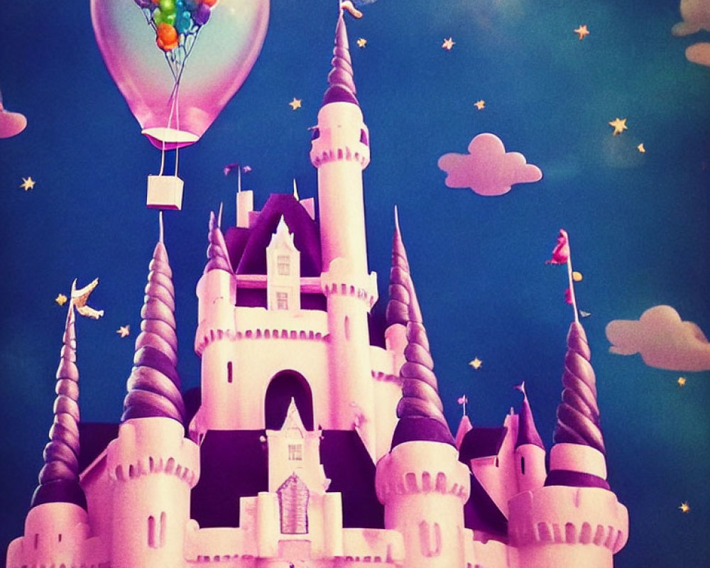 Fairytale castle illustration with turrets, starry sky, birds, hot air balloon, and