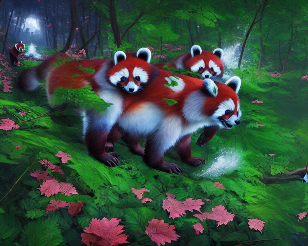 Lush Green Forest with Red Pandas and Pink Foliage