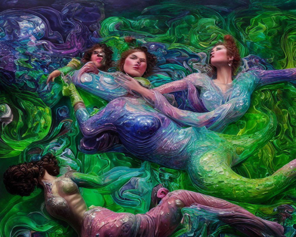 Four people submerged in vibrant green and purple swirls.