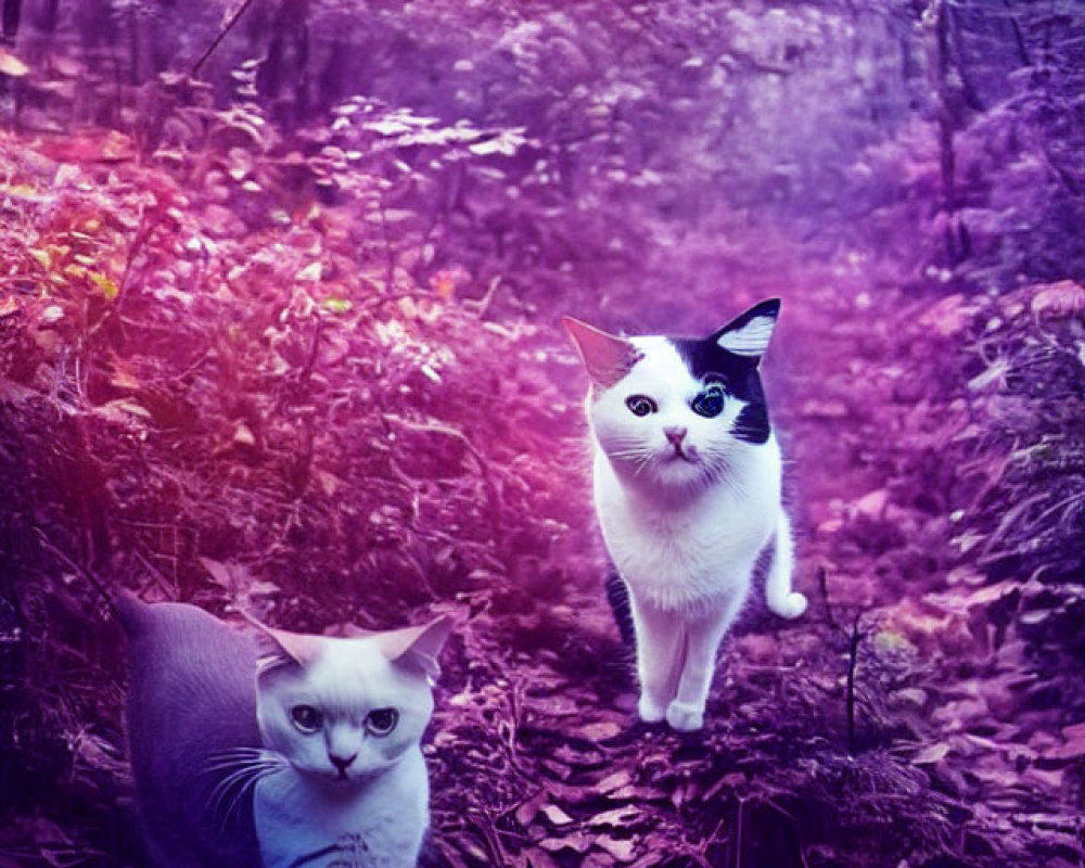 Mystical Purple Forest with Two Cats and Warm Light