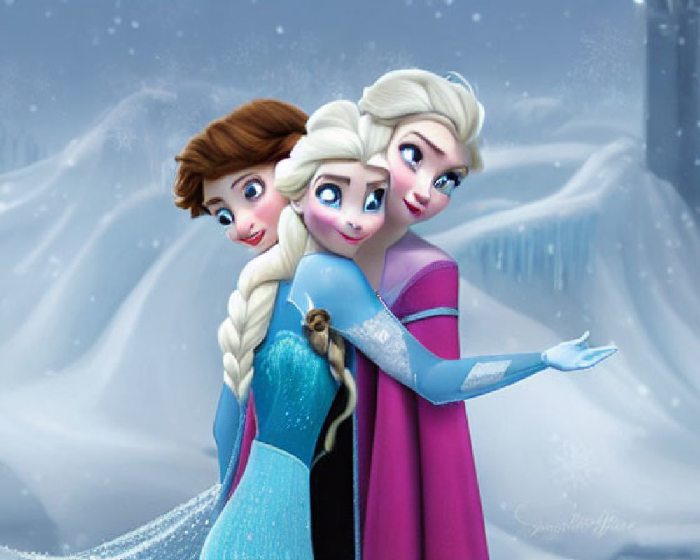 Three animated female characters in elegant dresses in snowy landscape with ice castle