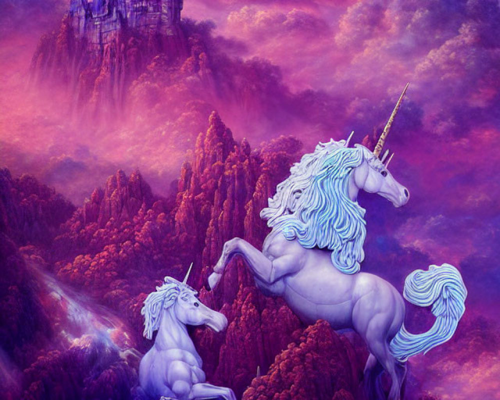 Fantasy scene: Two unicorns in purple landscape with distant castle