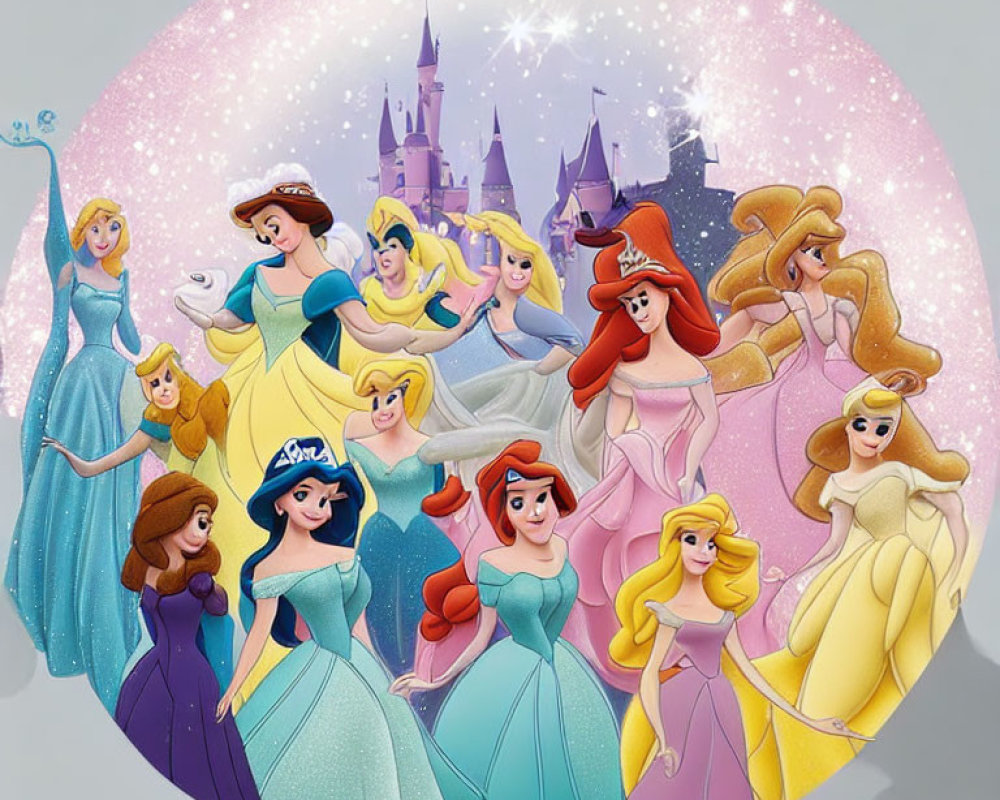 Group of Disney princesses with castle backdrop and colorful dresses