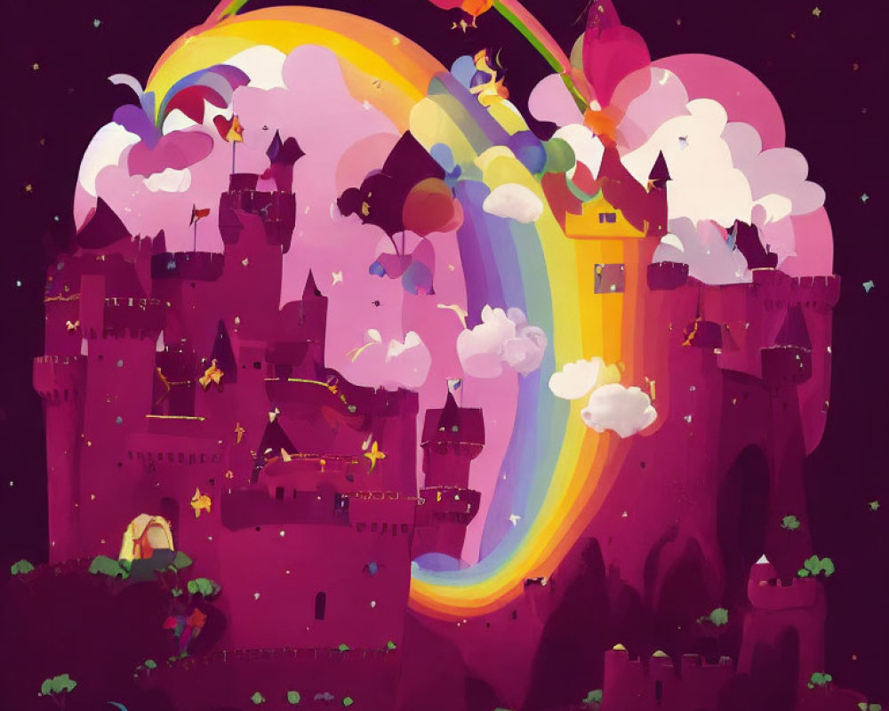 Fantasy castle with rainbow, stars, characters, and colorful flora in night sky