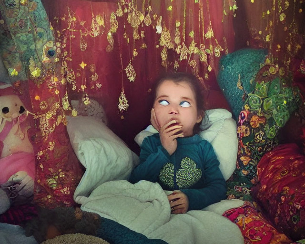 Child in Cozy Blanket Fort Surrounded by Colorful Pillows and Fairy Lights