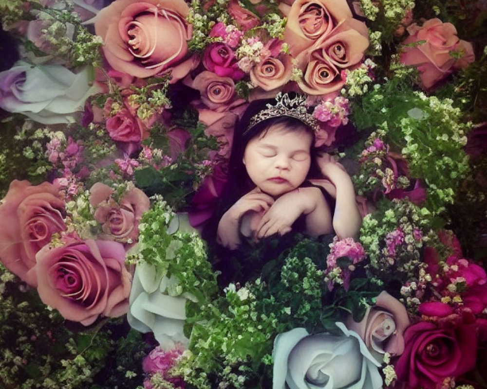 Newborn Sleeping with Crown Among Pink, Cream, and Lilac Roses