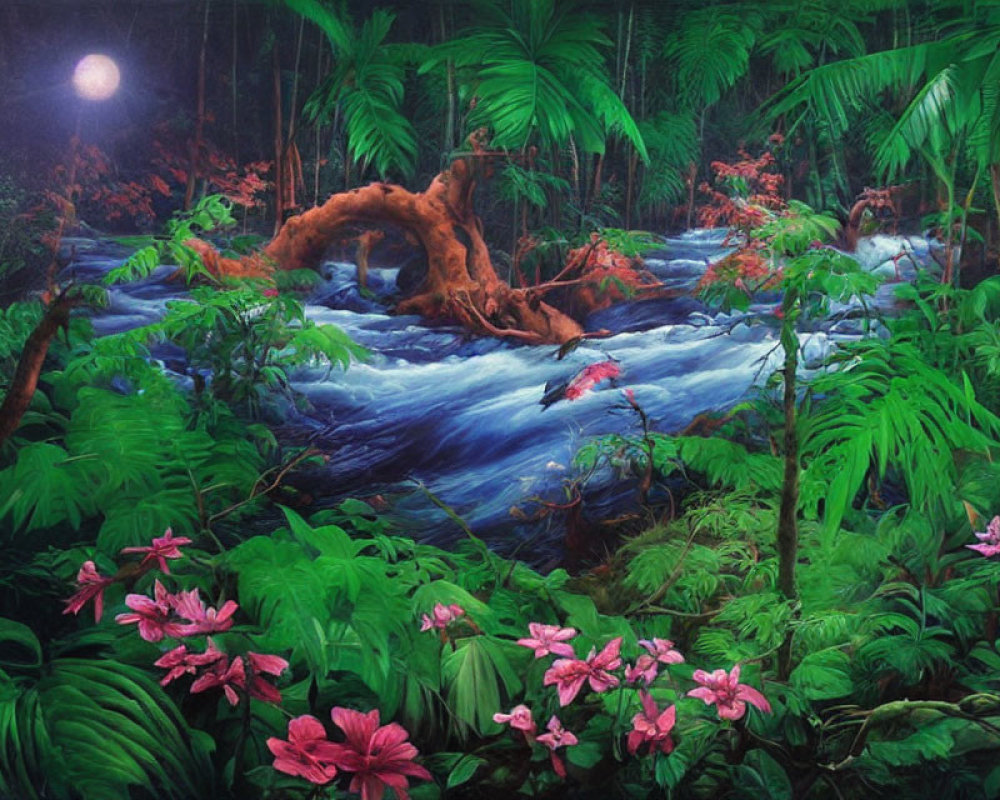 Moonlit Stream Flowing Through Dense Tropical Forest with Pink Flowers