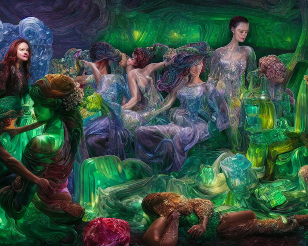 Ethereal women in gem-like structures with green and purple palette