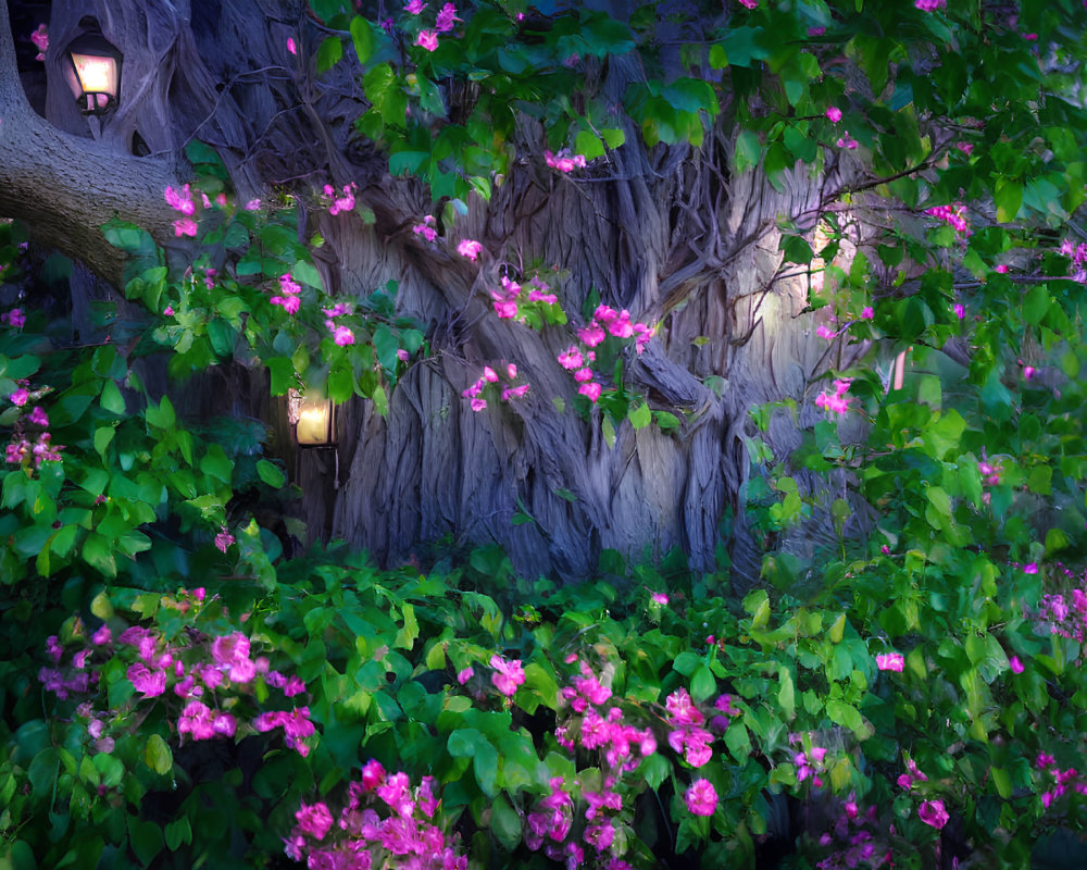 Enchanting tree with whimsical door and window in lush green setting