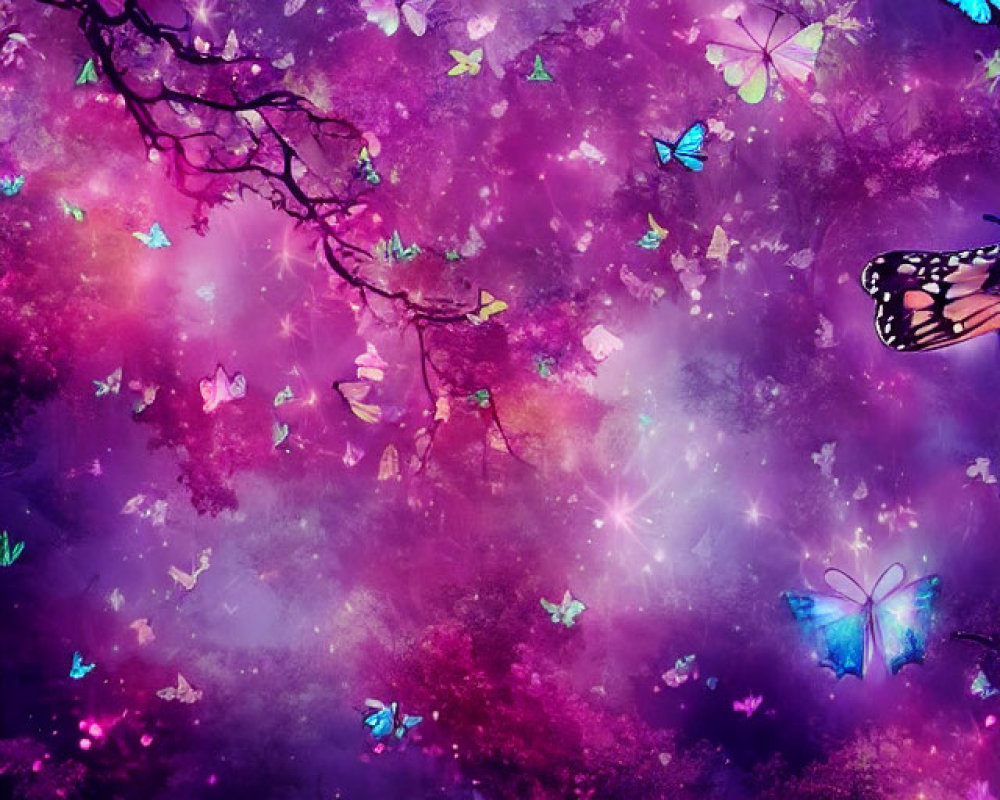 Colorful butterflies fluttering in vibrant fantasy scene under starlit sky