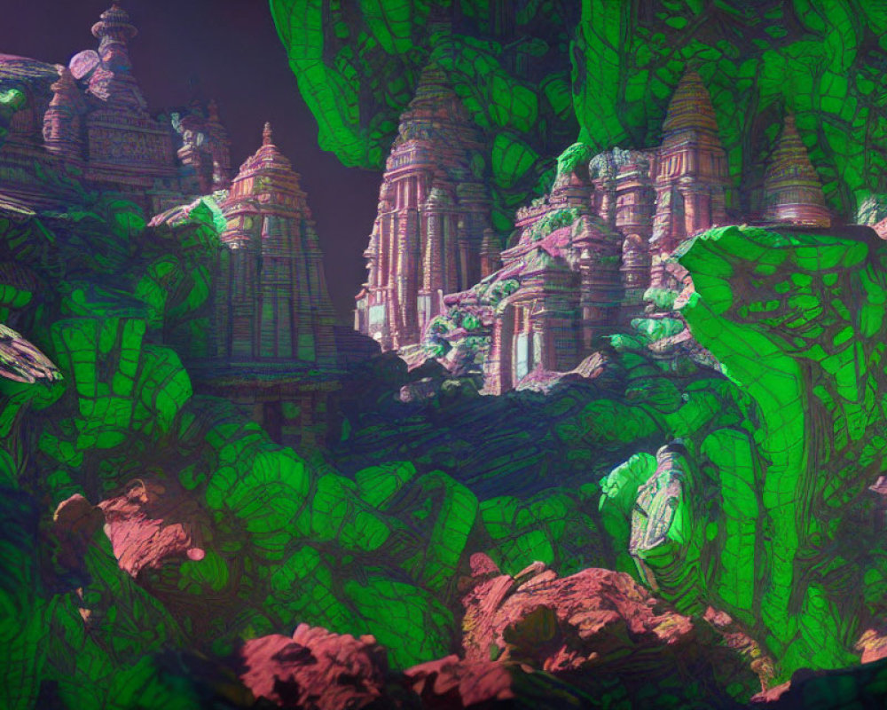 Vibrant green and pink landscape with towering rock formations and temple-like structures