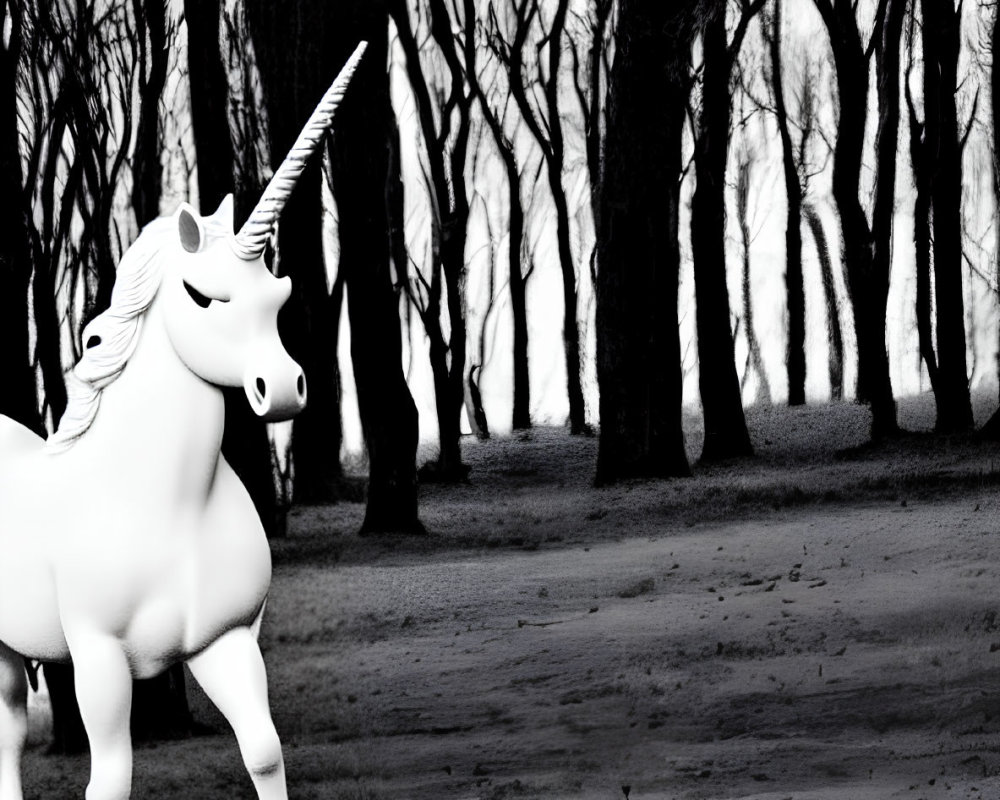 Stylized white unicorn in black and white forest scene