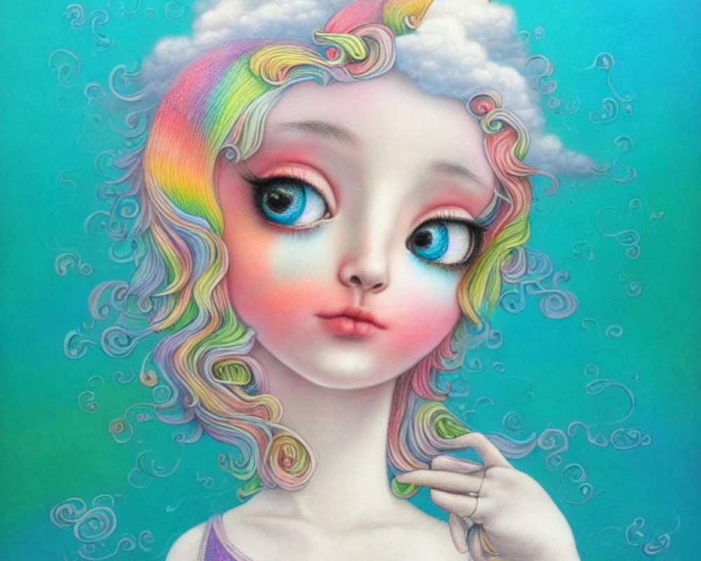 Whimsical illustration of a girl with large eyes and rainbow-colored hair