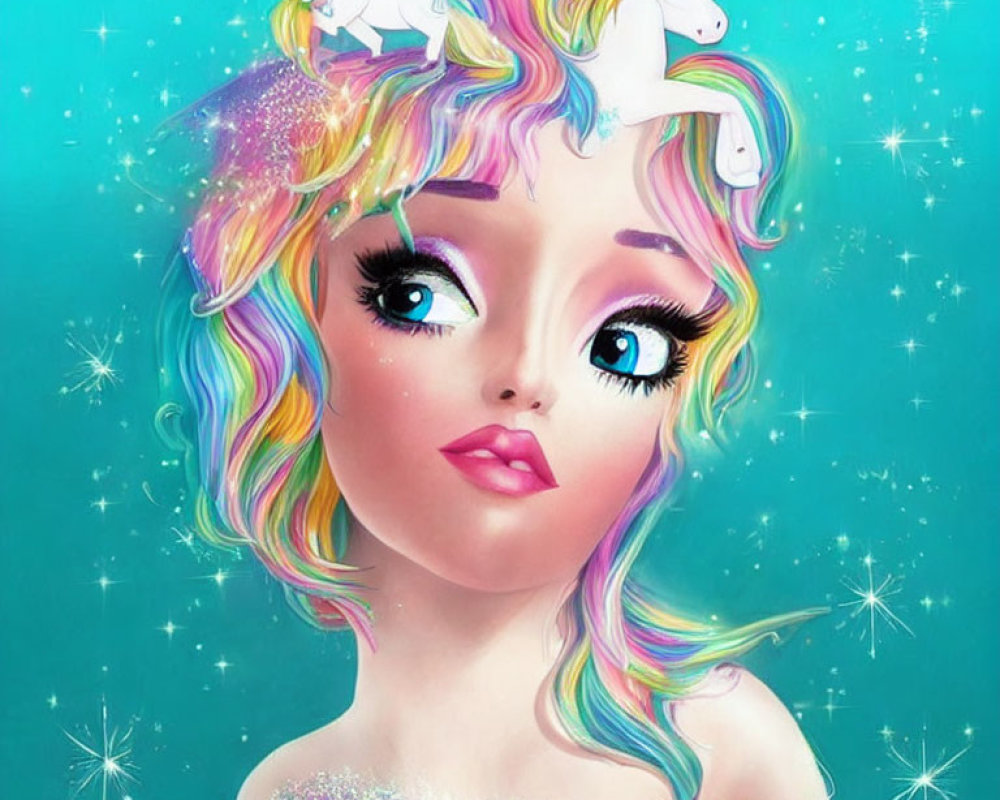 Girl with Pastel Rainbow Hair and Unicorns on Teal Background