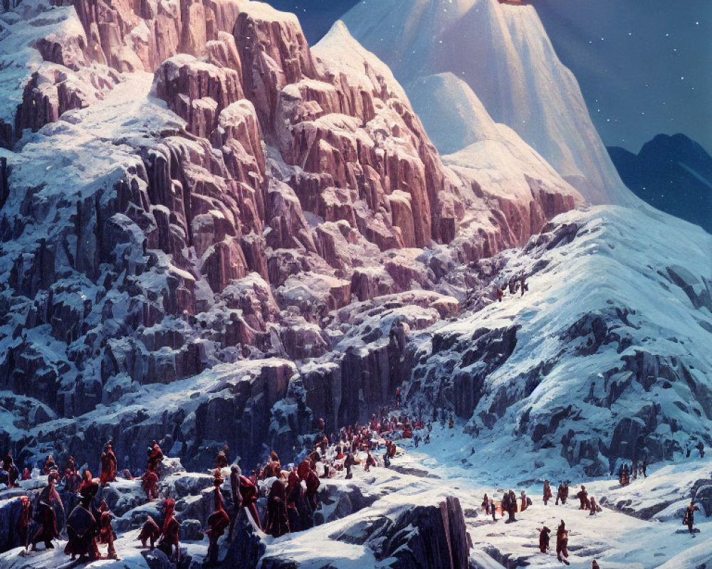 Fantasy scene: Adventurers in snowy mountain landscape at night