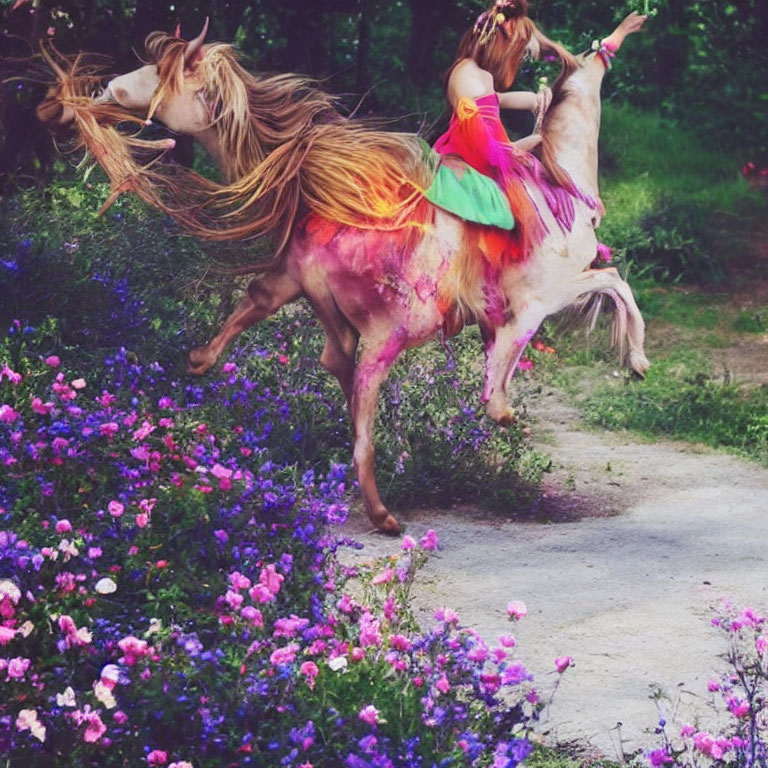 Colorfully dressed person riding white horse with pink paint, galloping on flower-lined path