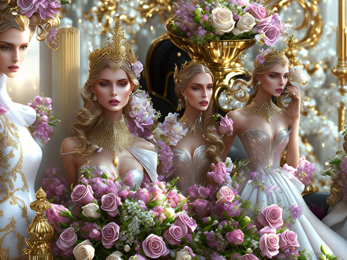 Three elegant women in luxurious gowns and golden crowns amid opulent pink rose setting