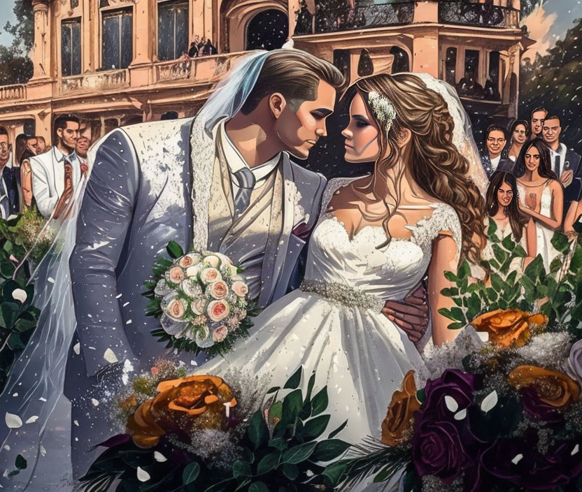 Illustration of bride and groom kissing with guests, flowers, and grand building.