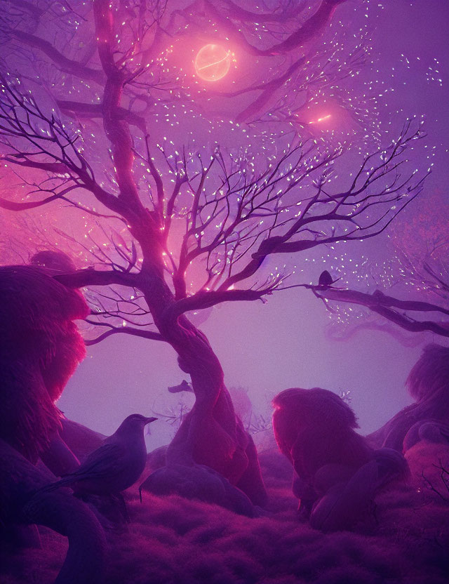 Enchanting purple forest with glowing flora and curious creatures