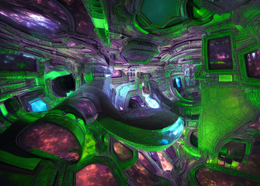 Futuristic spacecraft interior with vibrant green hues and intricate design