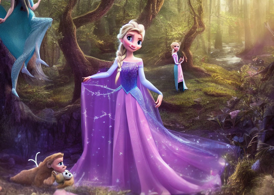 Colorful Animation Still: Character in Purple Dress in Enchanted Forest