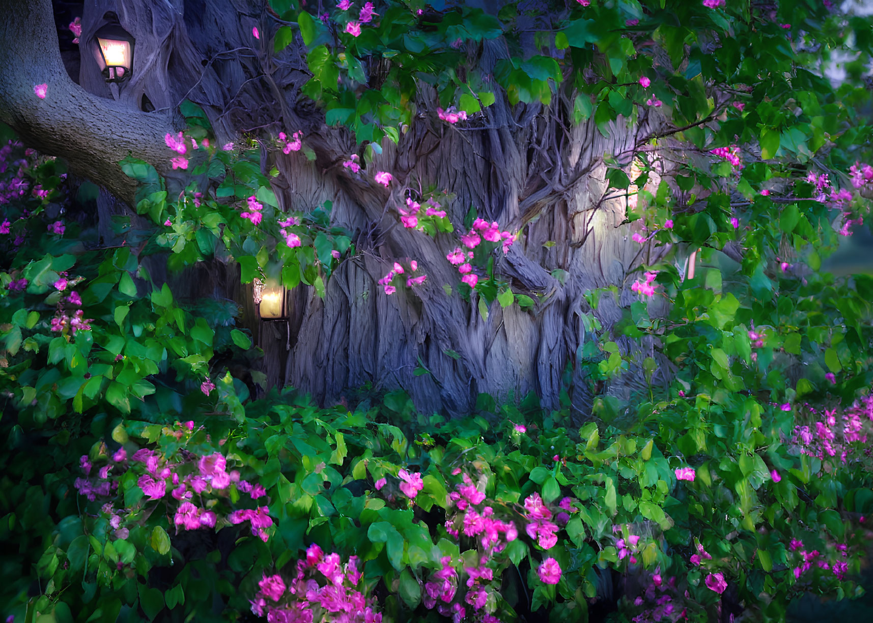 Enchanting tree with whimsical door and window in lush green setting