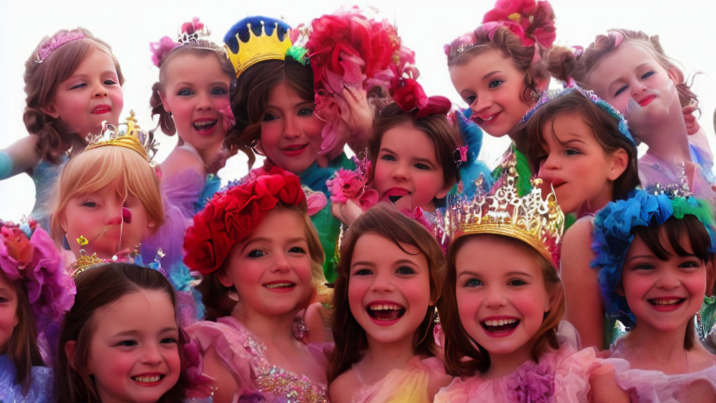 Vibrant young girls in colorful costumes and festive makeup pose together