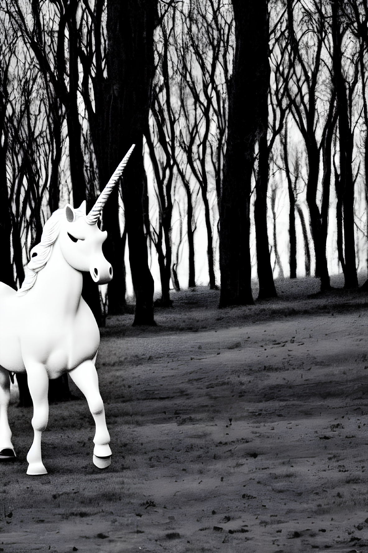 Stylized white unicorn in black and white forest scene