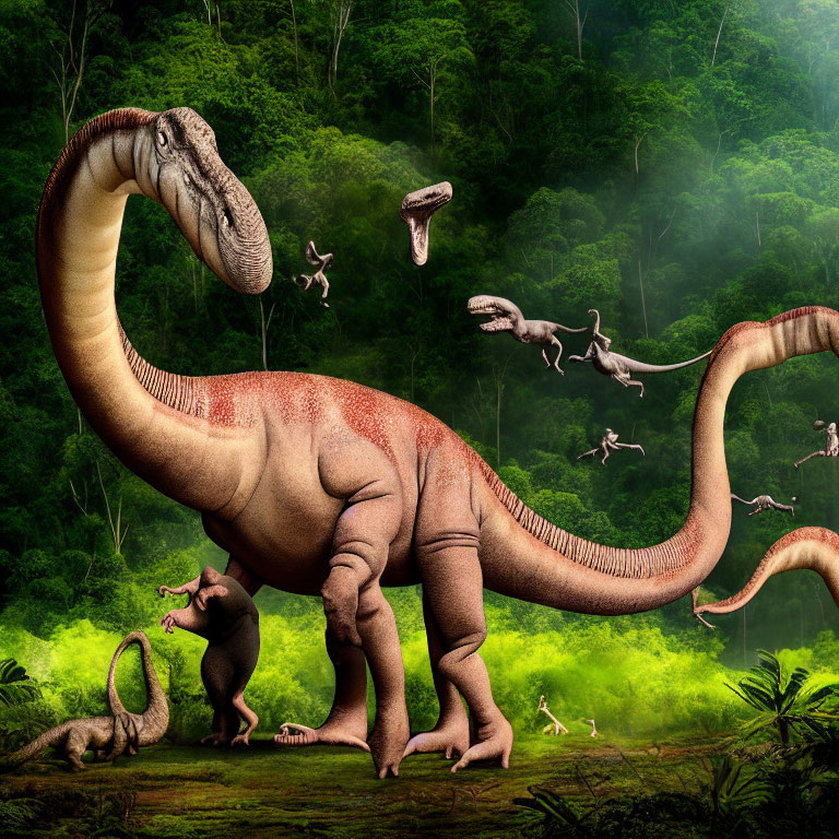 Prominent Brachiosaurus in Prehistoric Forest with Dinosaurs