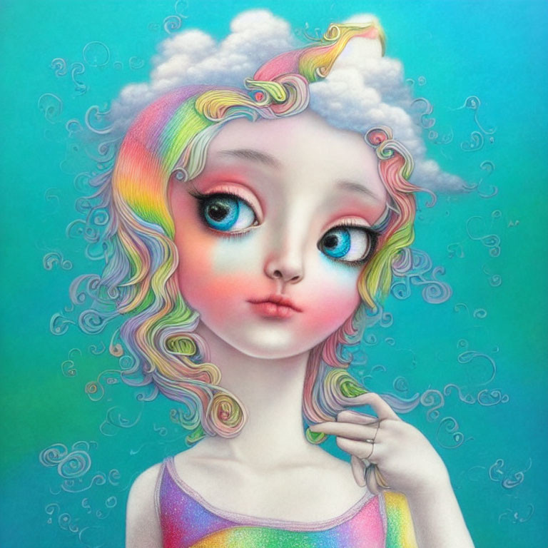 Whimsical illustration of a girl with large eyes and rainbow-colored hair