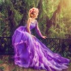 Illustrated woman in purple dress by rose bush and castle.