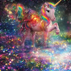 Majestic unicorn with golden horn and rainbow mane in dreamy sky