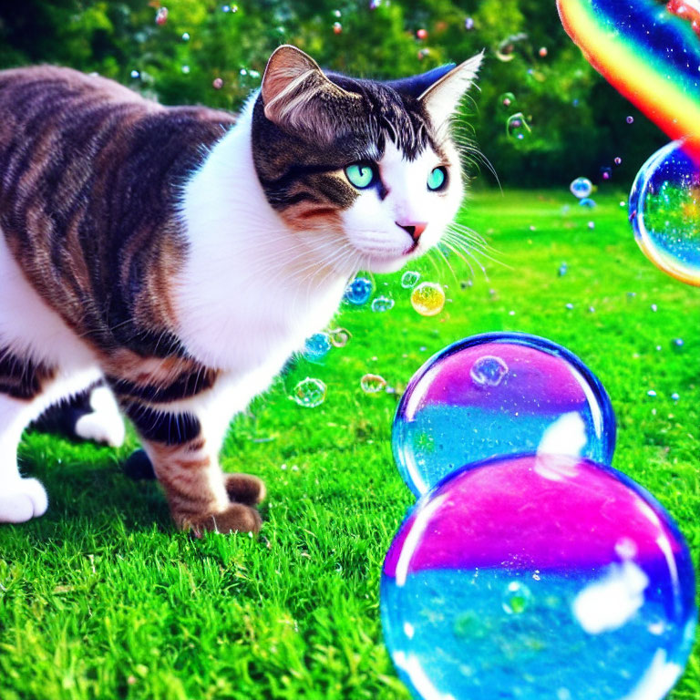 Blue-eyed cat observes colorful soap bubbles on green grass