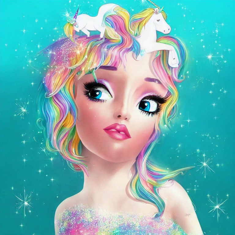 Girl with Pastel Rainbow Hair and Unicorns on Teal Background