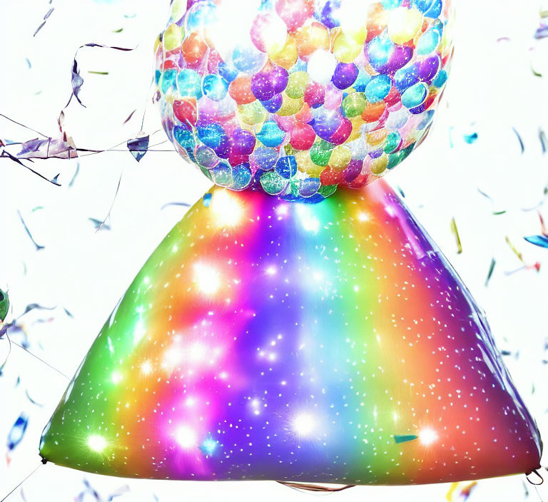 Vibrant galaxy-print balloon on shiny iridescent cone with sparkles