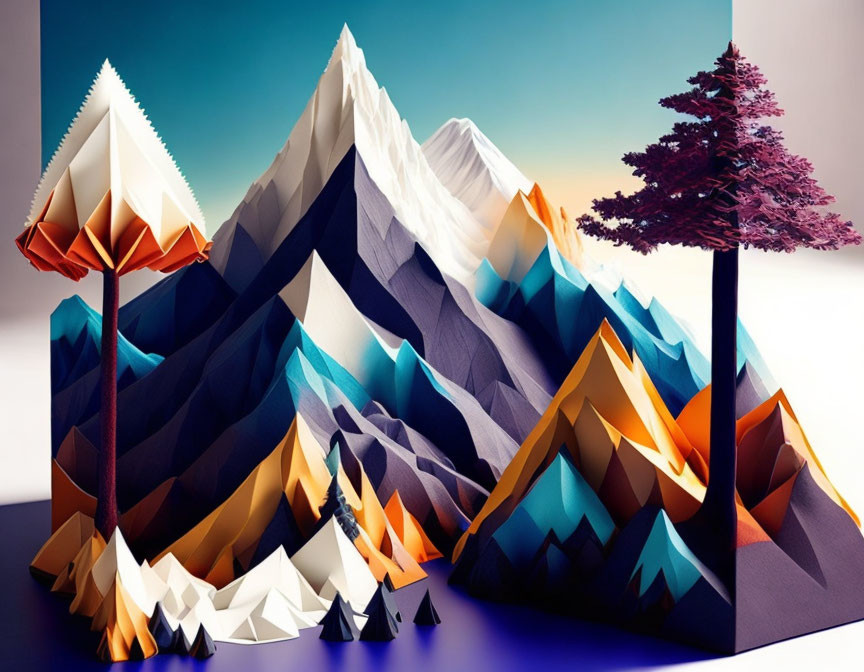 Vibrant paper art landscape: geometric mountains, tree, and figure