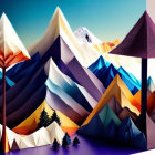 Vibrant paper art landscape: geometric mountains, tree, and figure