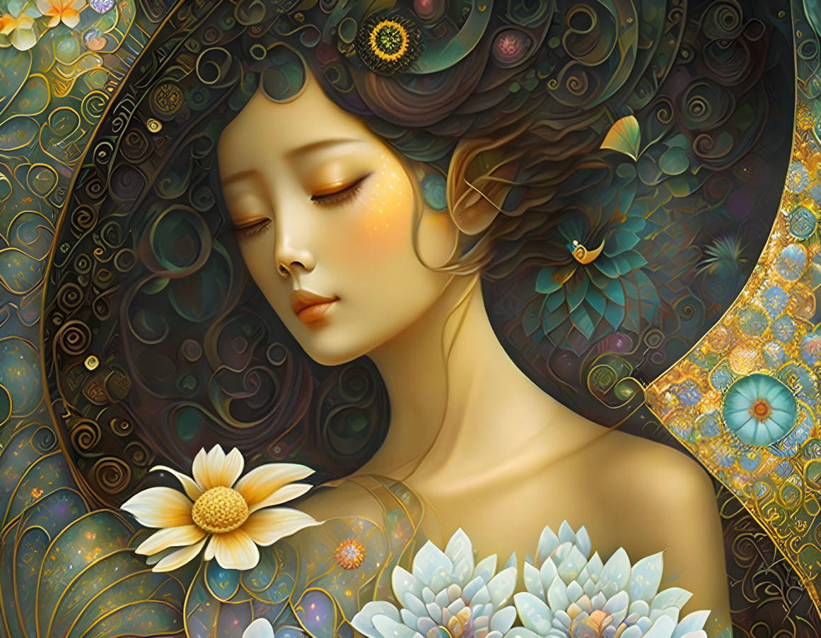 Detailed Artistic Illustration of Serene Woman with Floral Patterns and Butterflies on Golden Background